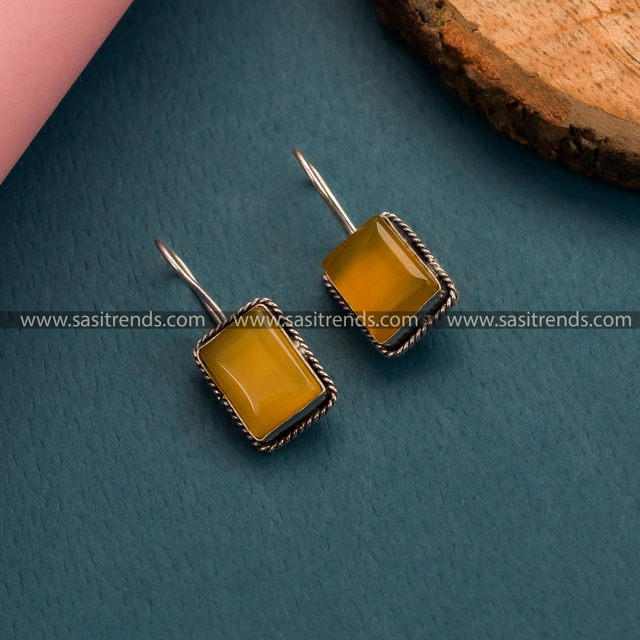 Yellow Monalisa Stone Oxidized German Silver Hook Earrings - Add a Touch of Sunshine to Your Women's Fashion Ensemble