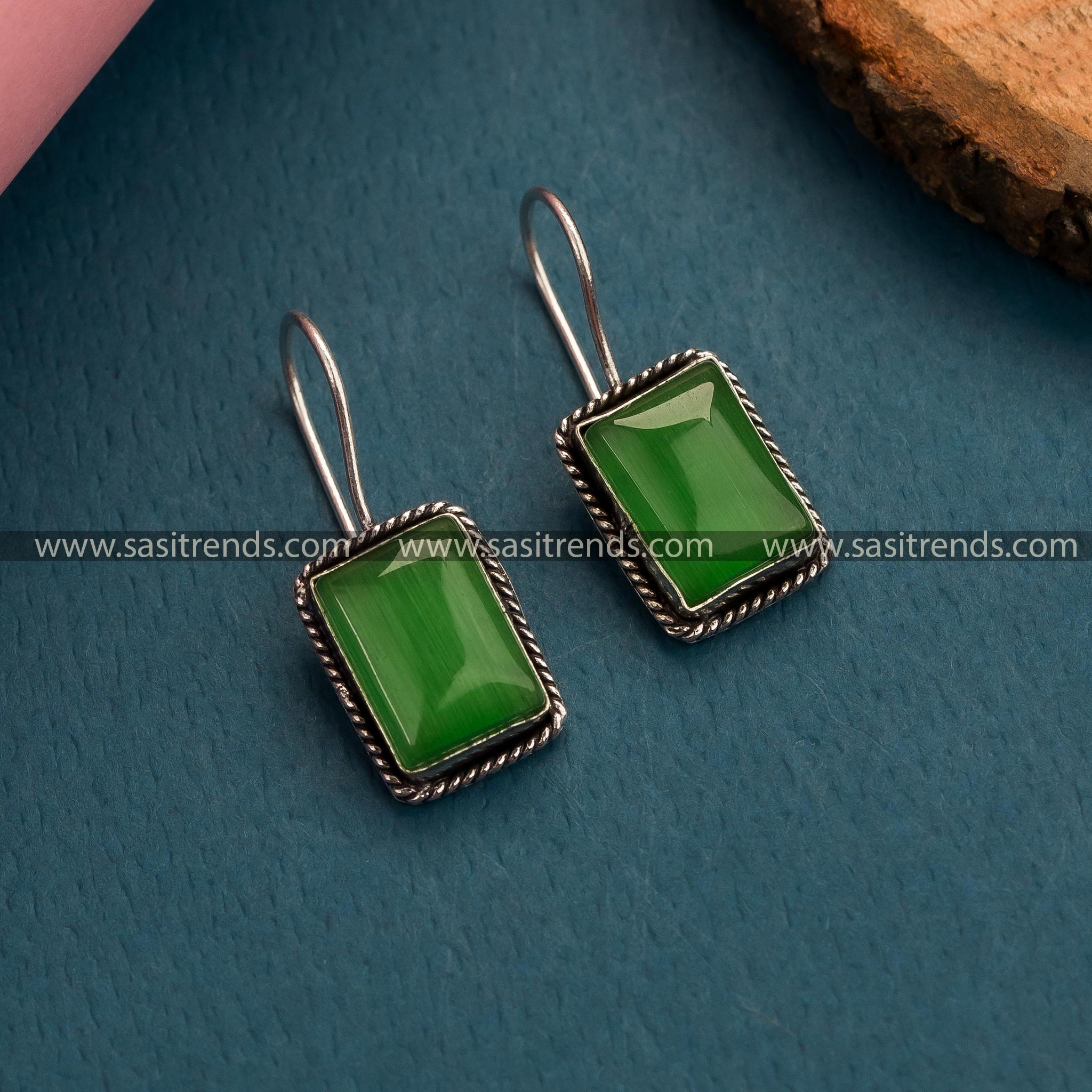 Green Monalisa Stone Oxidized German Silver Fish Hook Earrings - Women's Latest Collection for Stylish Office Wear