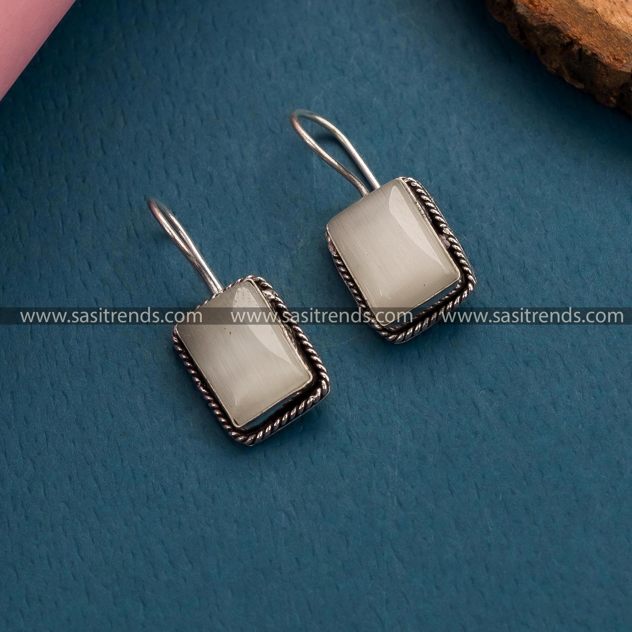 Exquisite Rectangular Monalisa Stone Fish Hook Earrings in Oxidized German  Silver - Latest Collection for Women
