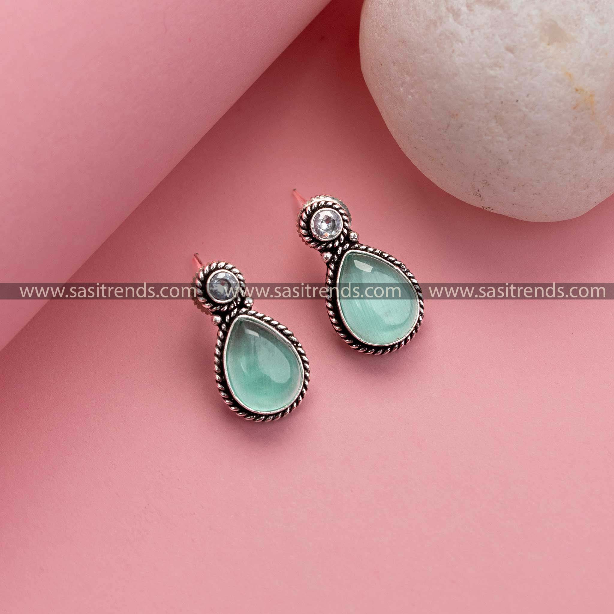 Oxidized German Silver Earrings with Mint Monalisa and AD Stones - Ideal for Office Wear and Parties, Latest Collection