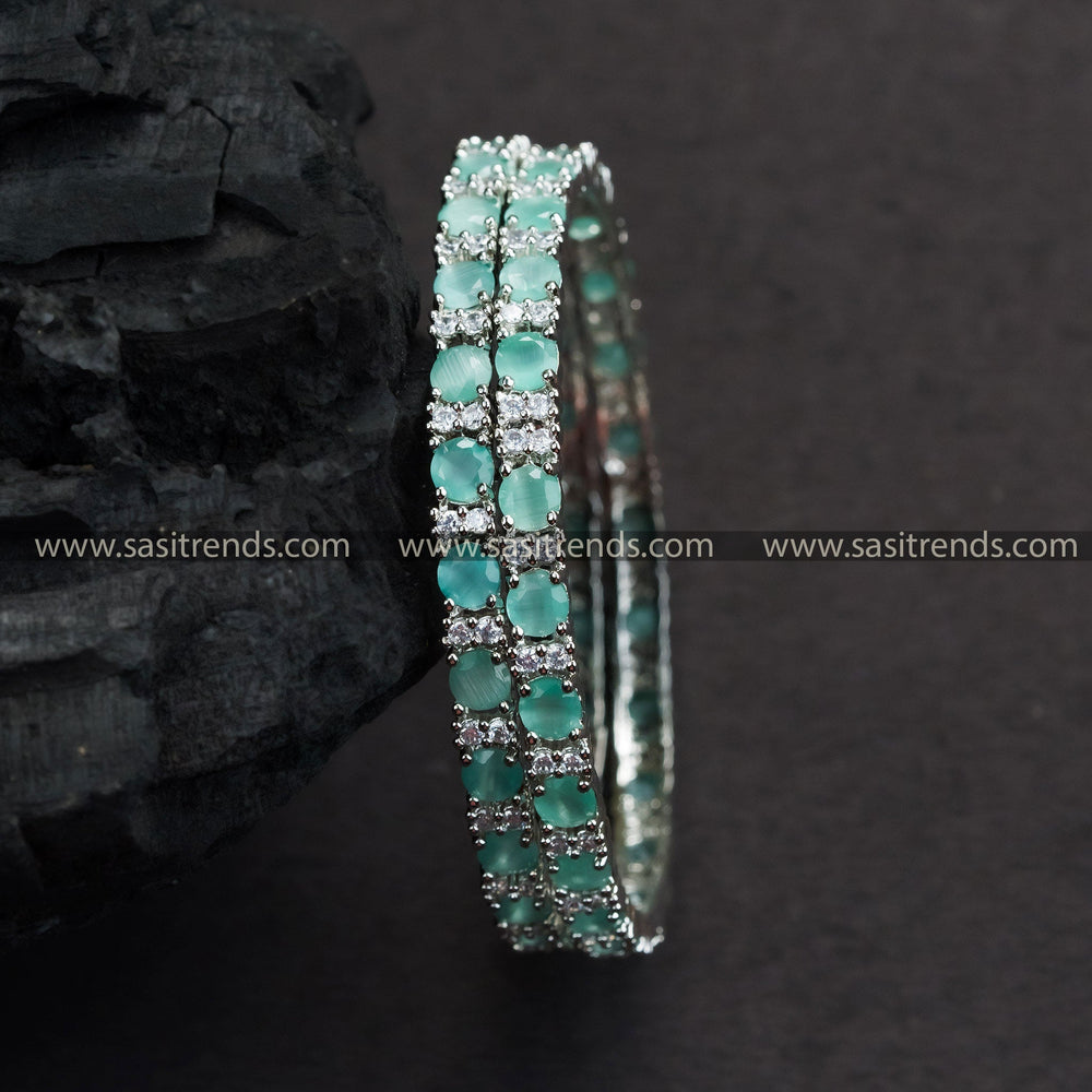 Stunning Rhodium Silver Plated Bangles with Mint Green and White American Diamond Stones