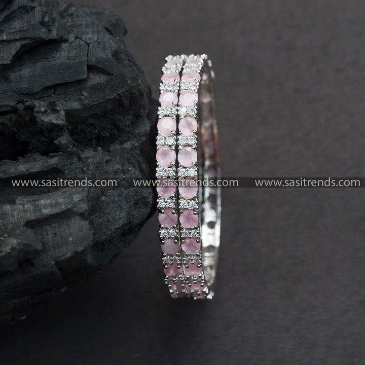 Rhodium Silver Plated Bangles with Pink and White AD Stones - Perfect Party Wear Jewelry