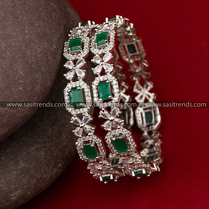 Party Wear AD Green Stone Stud Flower Designer Bangles Online Shopping