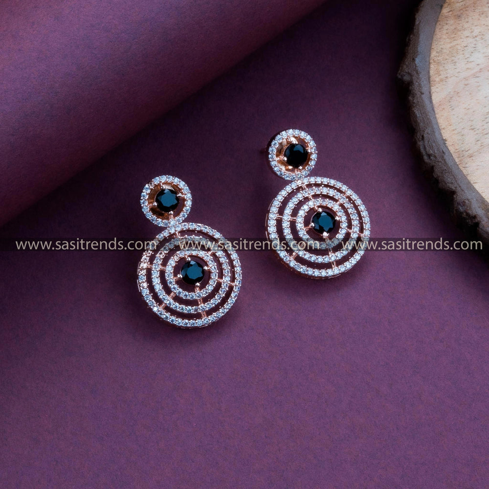  Black Stone Rose Gold Plated Earrings with Stunning Circle Pattern and American Diamonds – Perfect Party Wear Jewelry