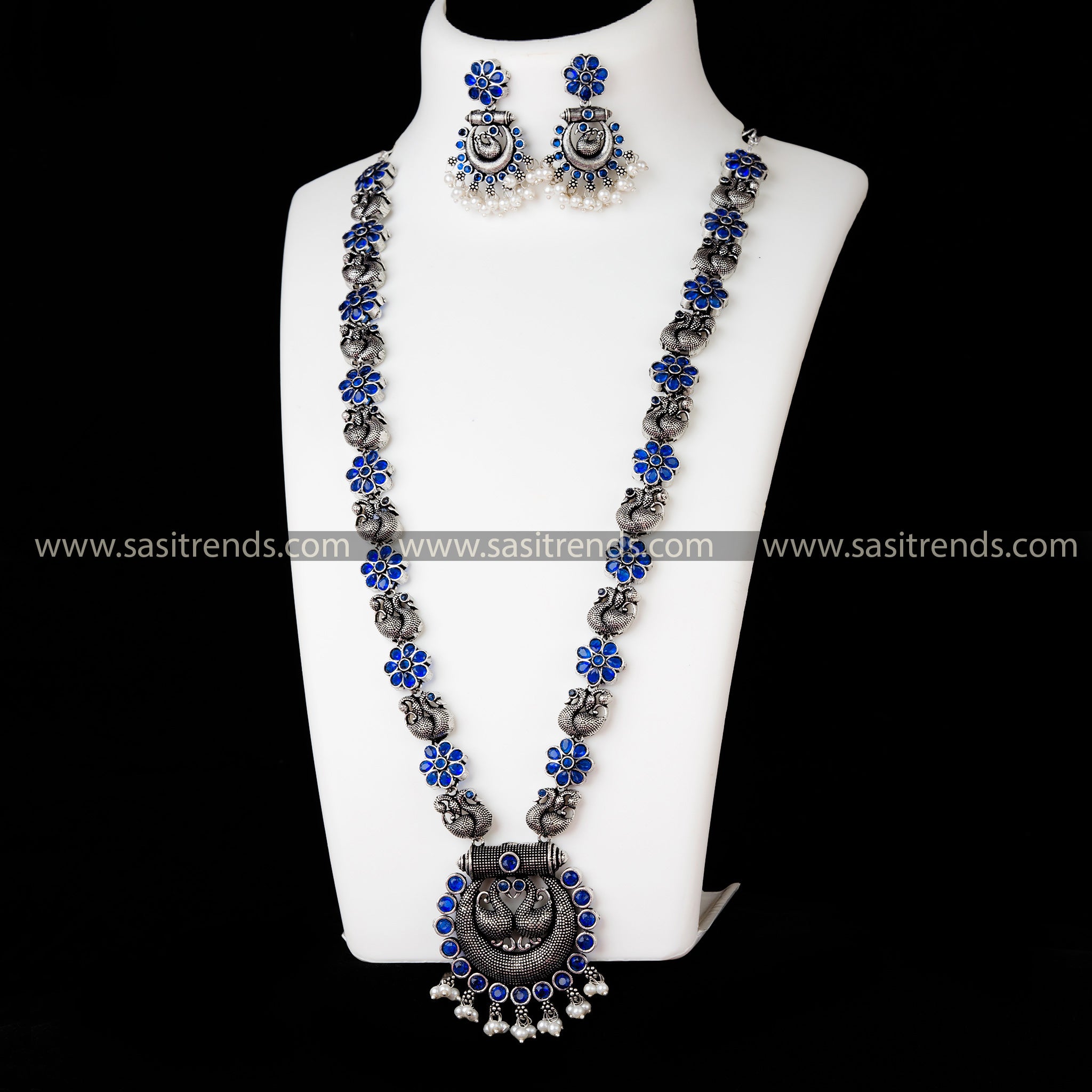 Oxidised German Silver Necklace Set with Peacock Chandbali Peacock Pendant and Blue Stones