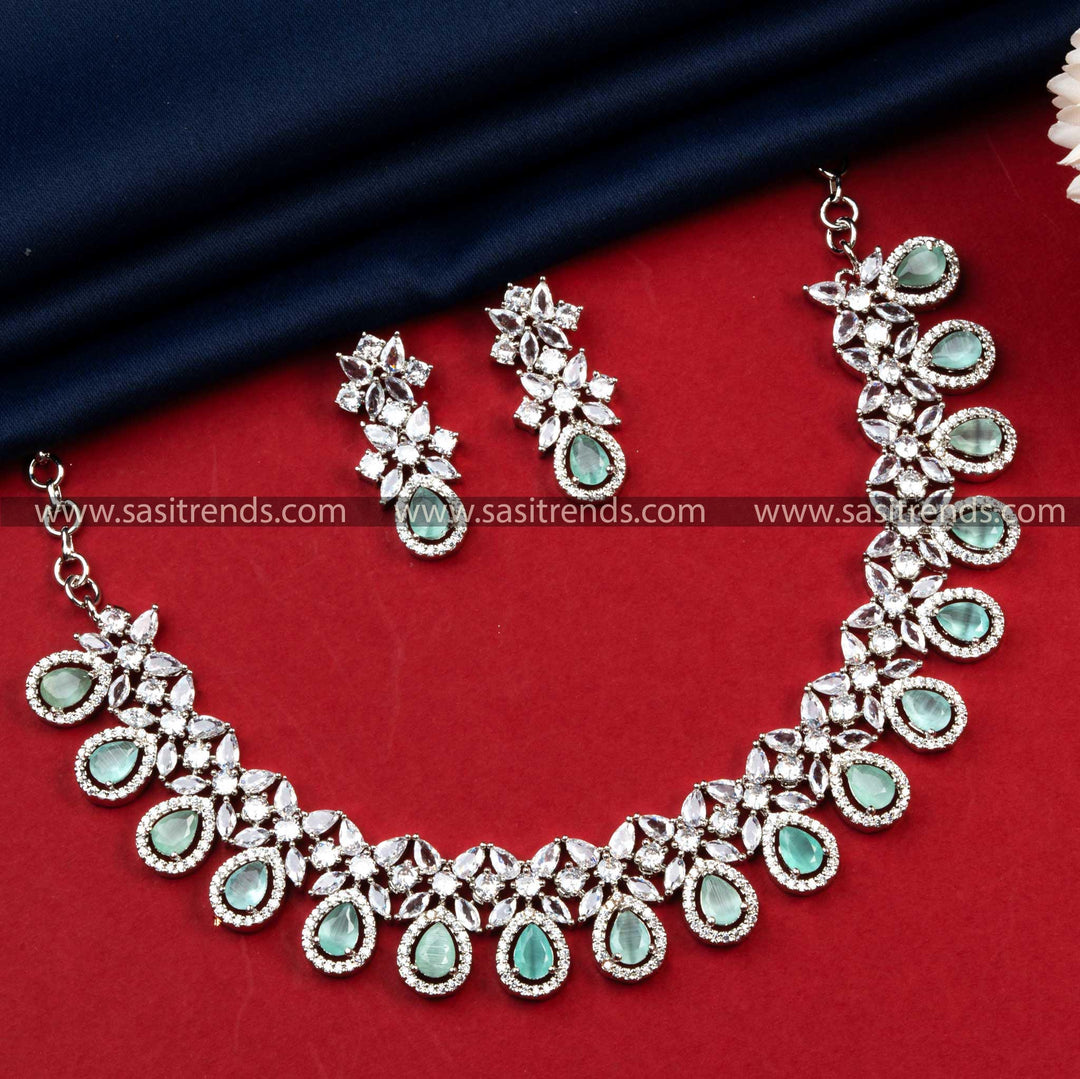 Trendy Party Wear Rhodium Silver Plated AD Necklace with Refreshing Mint Stones - Women's Fashion Accessory