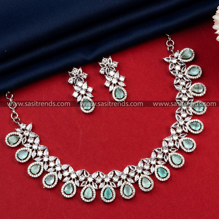 Trendy Party Wear Rhodium Silver Plated American Daimond Jewellery Set for Women | Sasitrends