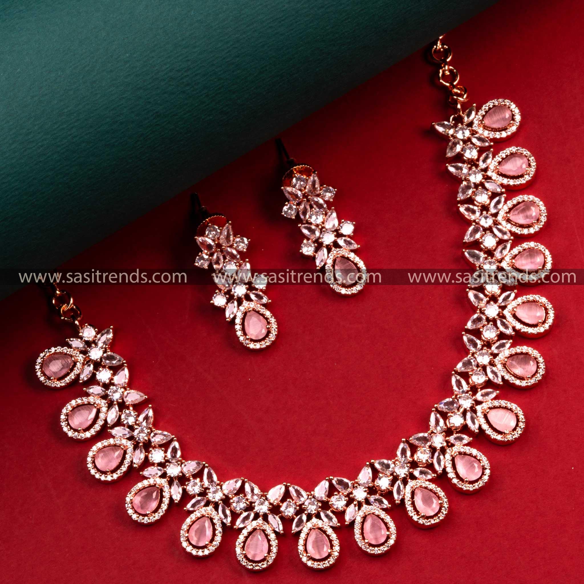 Charming Rose Gold Plated AD Necklace with Sparkling Pink Stones - Women's Fashion Jewelry