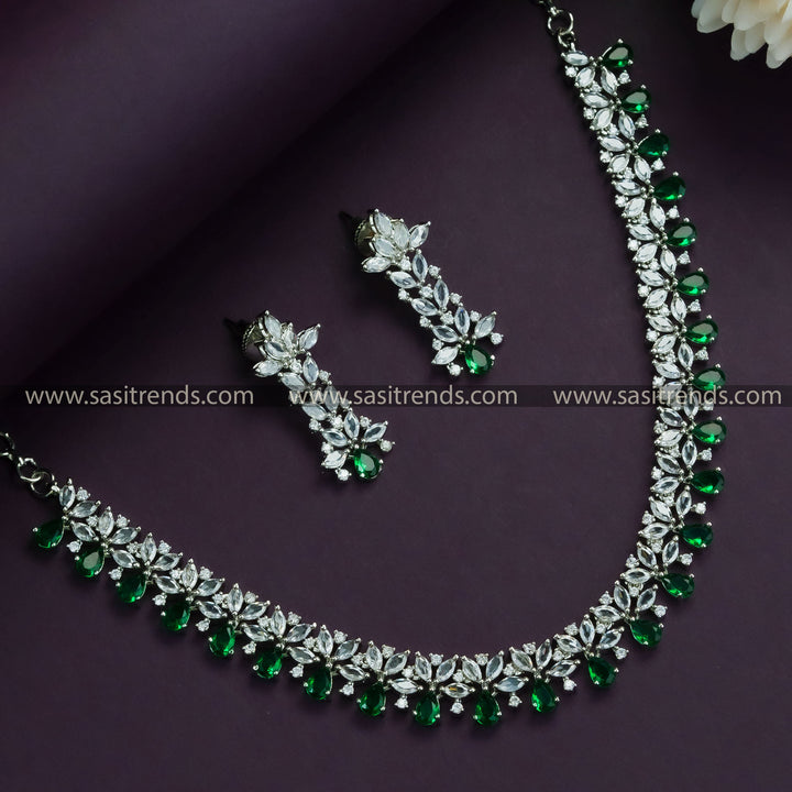 Green Enchantment: Rhodium Silver Plated Floral Necklace Set with American Diamond Stones - Party Wear Collection in Green for Women