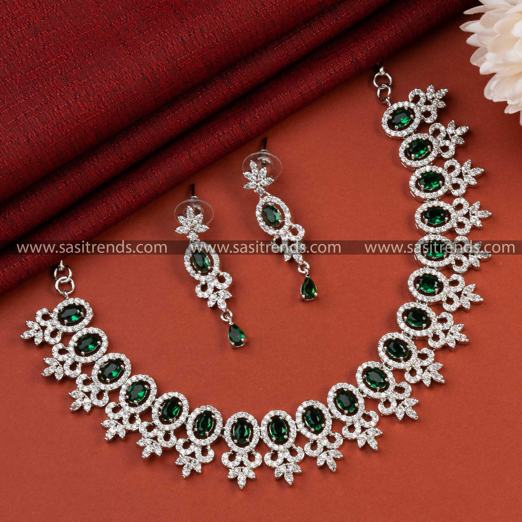 "Add a Touch of Elegance with a Rhodium Silver Plated Necklace Featuring Stunning Green AD Stones - Ideal for Weddings