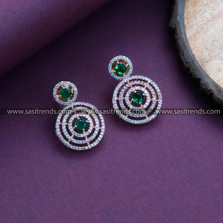 Green Stone Rose Gold Plated Earrings with Stunning Circle Pattern and American Diamonds – Ideal for Parties