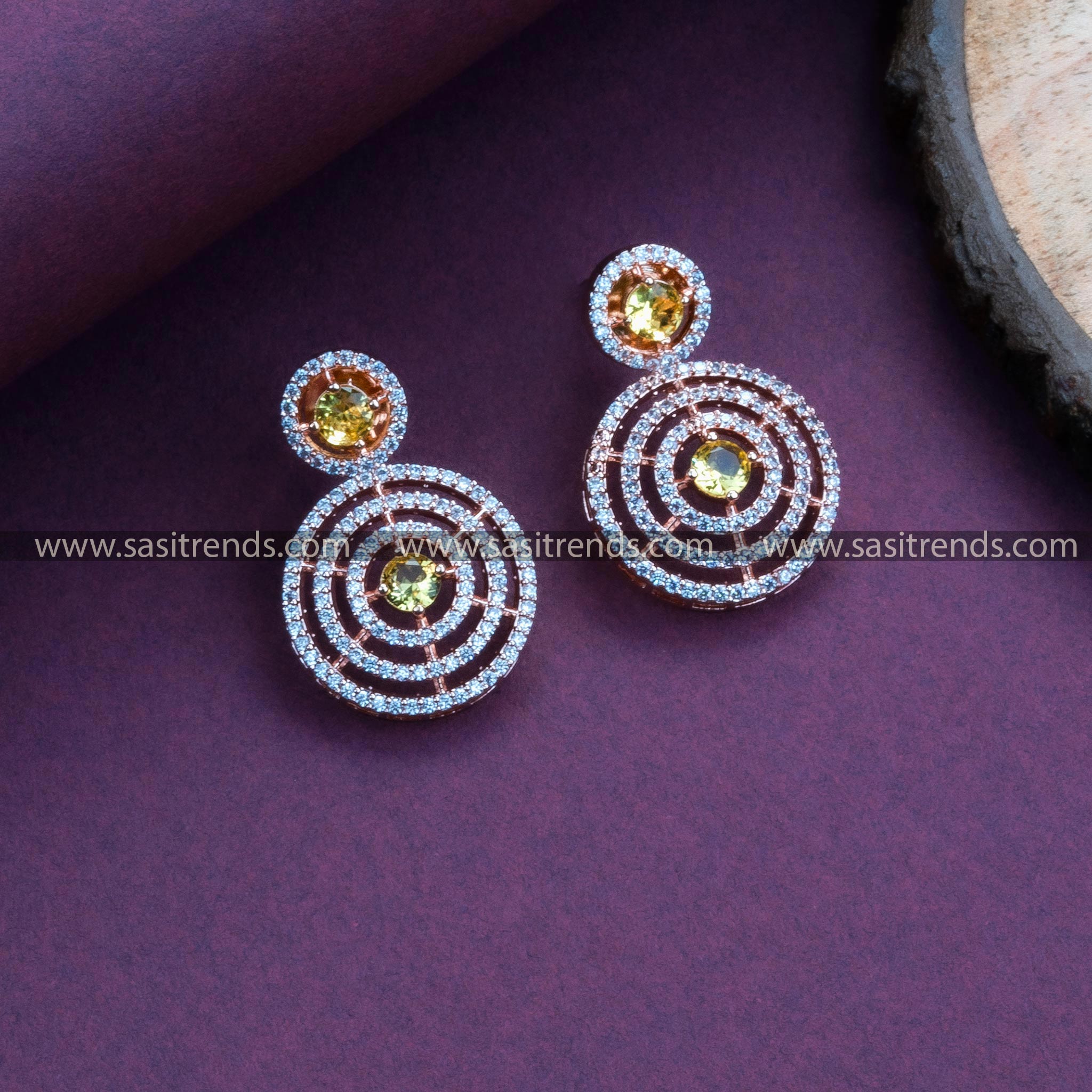  LCD Yellow Stone Rose Gold Plated Earrings with Circle Pattern and American Diamonds – Latest Fashion Jewelry