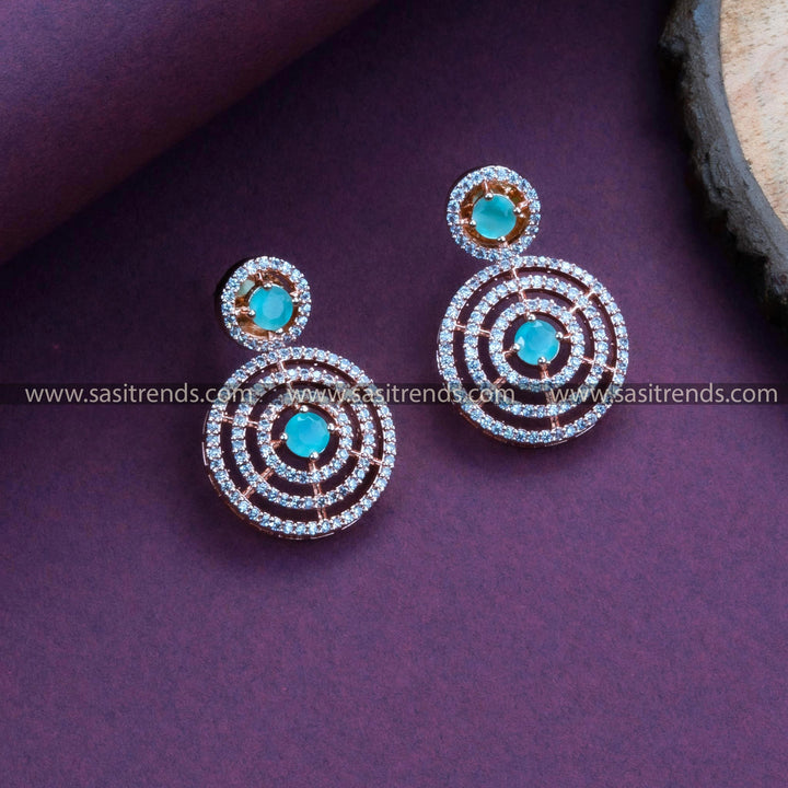 Refreshing Mint Stone Rose Gold Plated Earrings with Stunning Circle Pattern and American Diamonds – Perfect for Festivals