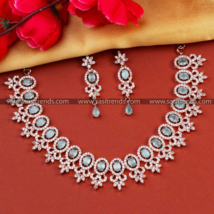 Exquisite Rose Gold Plated Party Wear Jewellery Set with Flower Motif American Diamond Stones | Sasitrends