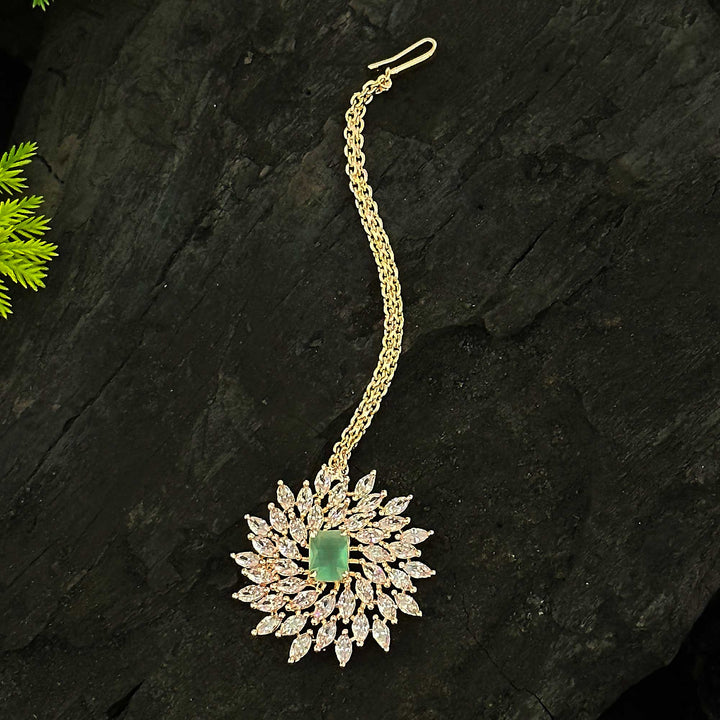 Enchanting Rose Gold Plated Maang Tikka with Mint Stones | Floral Motif & American Diamonds