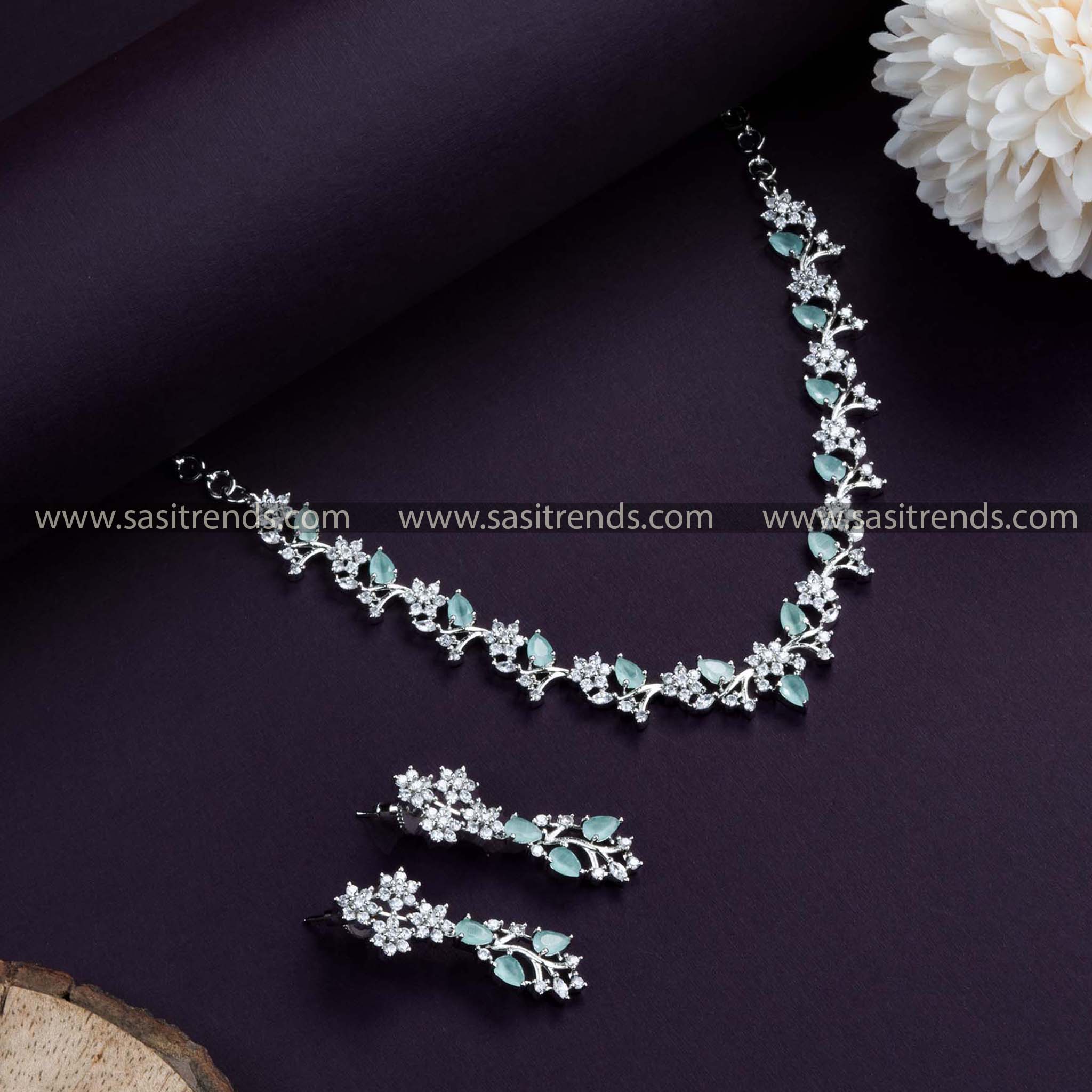 Elegant Rhodium Silver Plated Necklace Set in Mint, Featuring Stunning Floral Pattern & American Diamonds. 