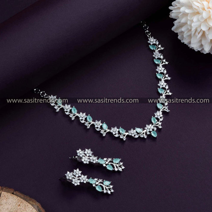 Elegant Rhodium Silver Plated Necklace Set in Mint, Featuring Stunning Floral Pattern & American Diamonds. 