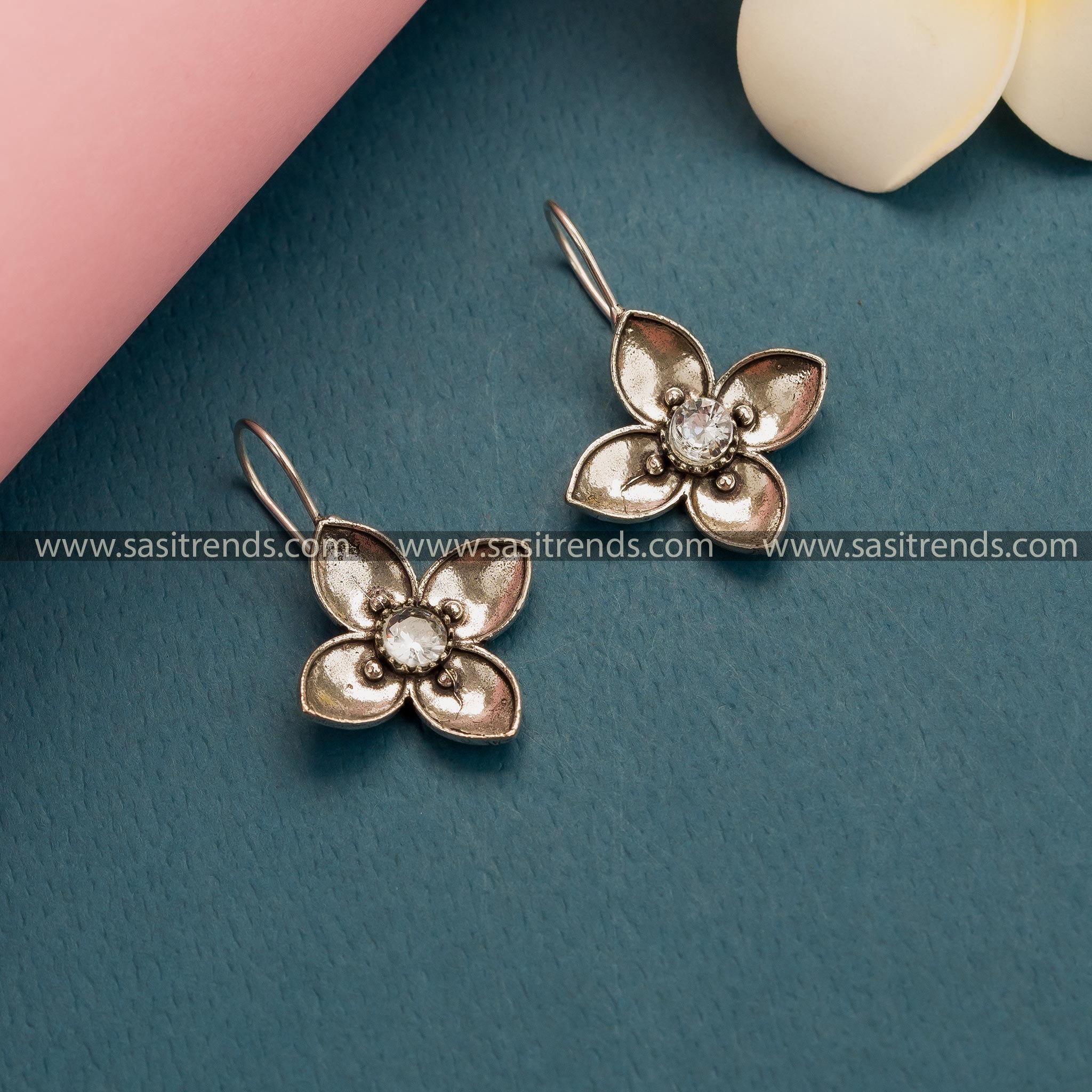 New Office Wear Oxidized German Silver AD Stone Floral Hook Earrings in White - Trendy Collections 