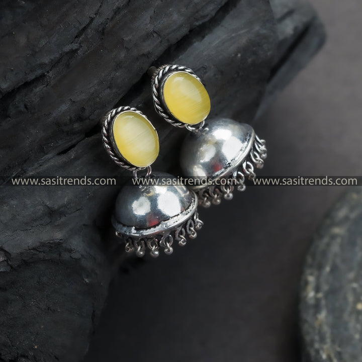 Trendy Traditional Oxidized German Silver Jhumka Earrings with Oval Monalisa Stone | Sasitrends - Sasitrends