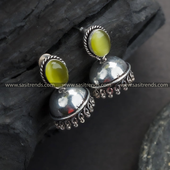 Trendy Traditional Oxidized German Silver Jhumka Earrings with Oval Monalisa Stone | Sasitrends - Sasitrends