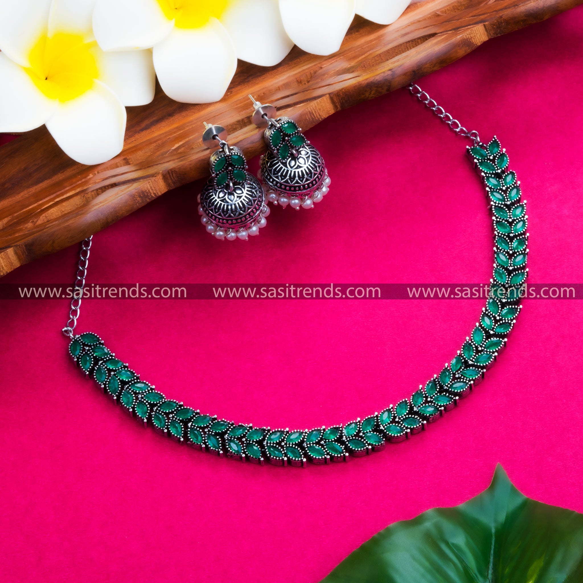 Charming Oxidised German Silver Leaf Necklace with Jhumkas - Green Stone Embellishments, Party-Ready