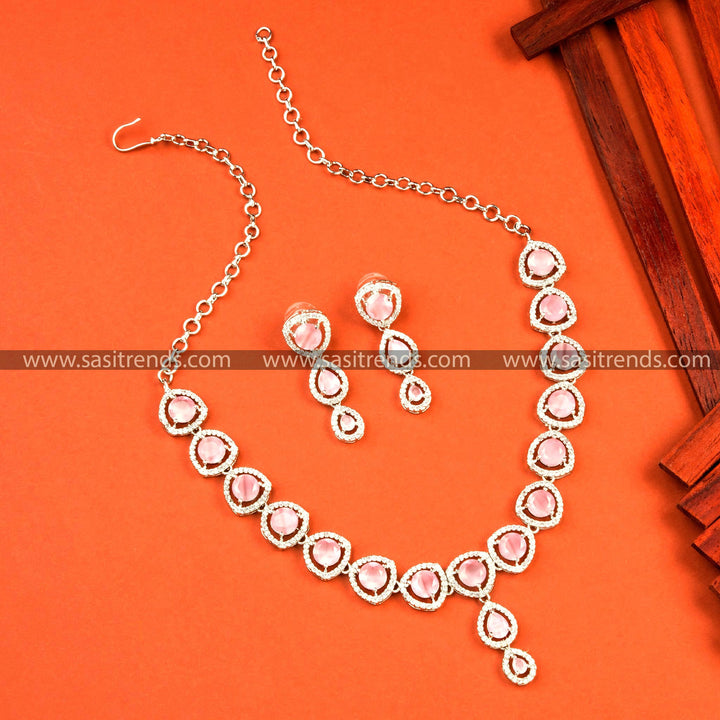 Radiant Rhodium Silver Necklace Set with Pink American Diamond Stones - Party Wear Collection