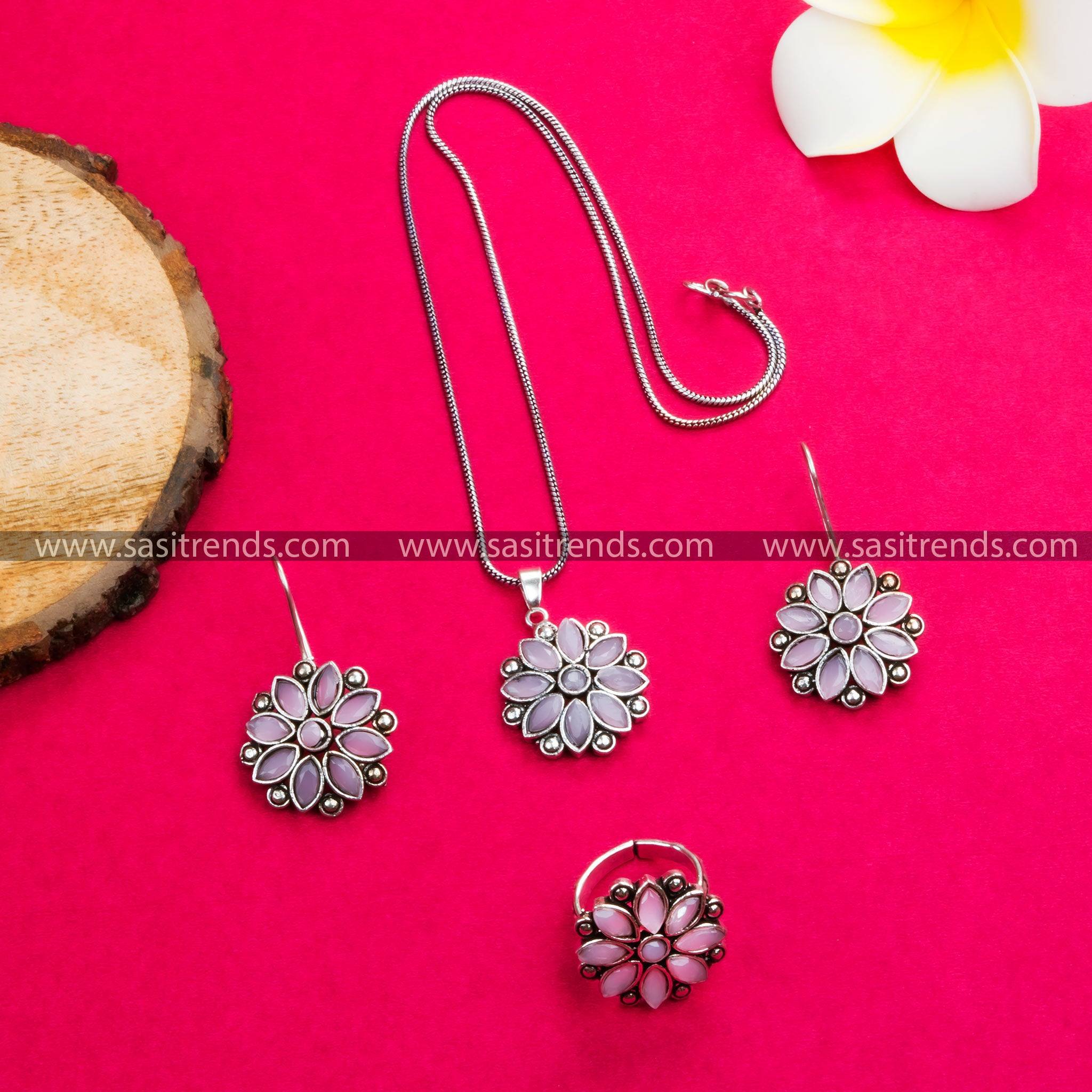 Charming Pink Stone Flower Pendant Necklace Set - Oxidized German Silver, Perfect for Parties