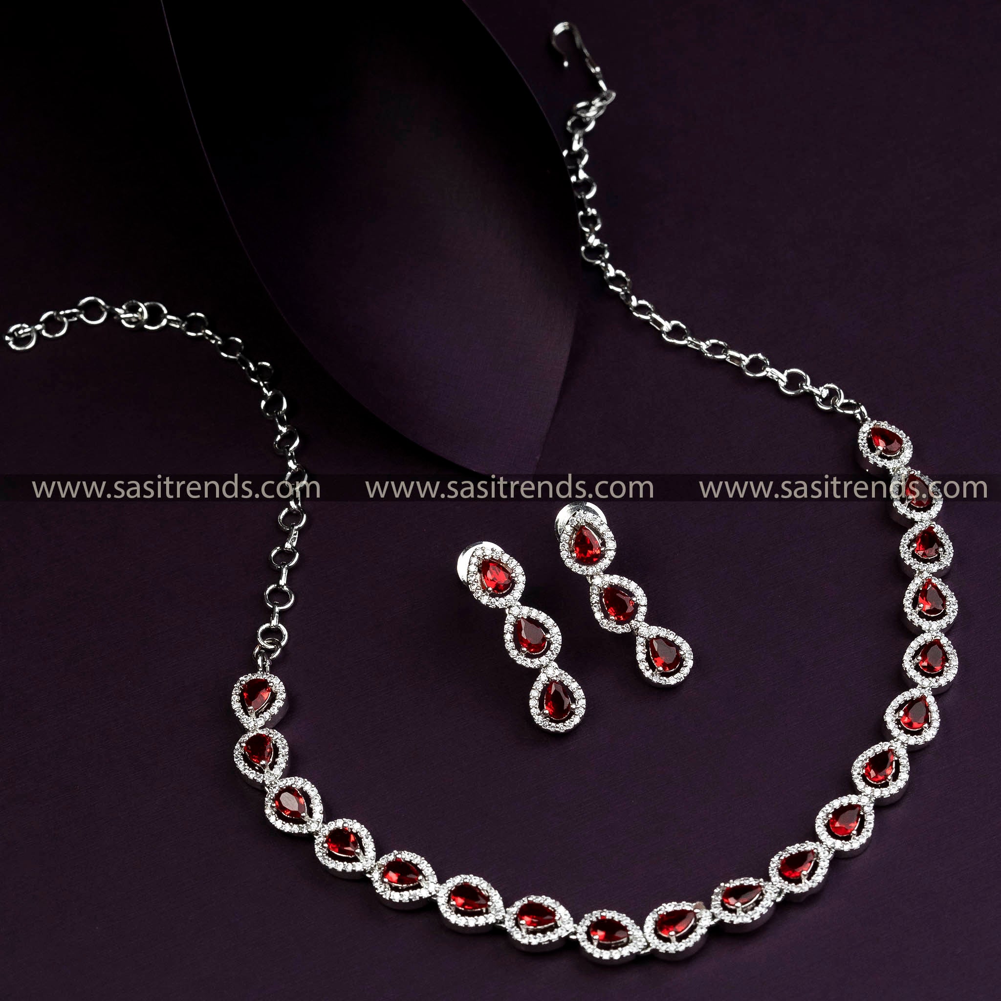 Rhodium Silver Plated Party Wear Necklace with Rich Red Color Stones and AD Stones