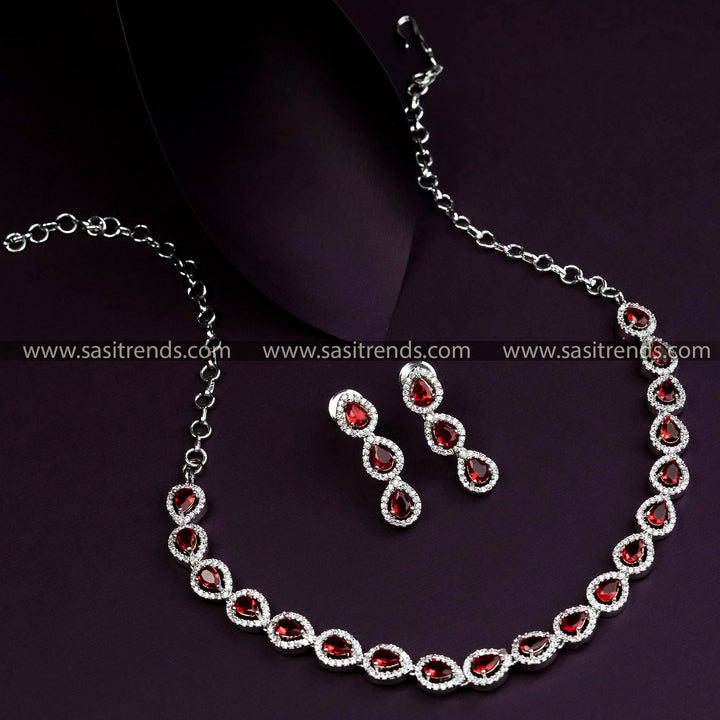 Rhodium Silver Plated Party Wear Necklace with Rich Red Color Stones and AD Stones