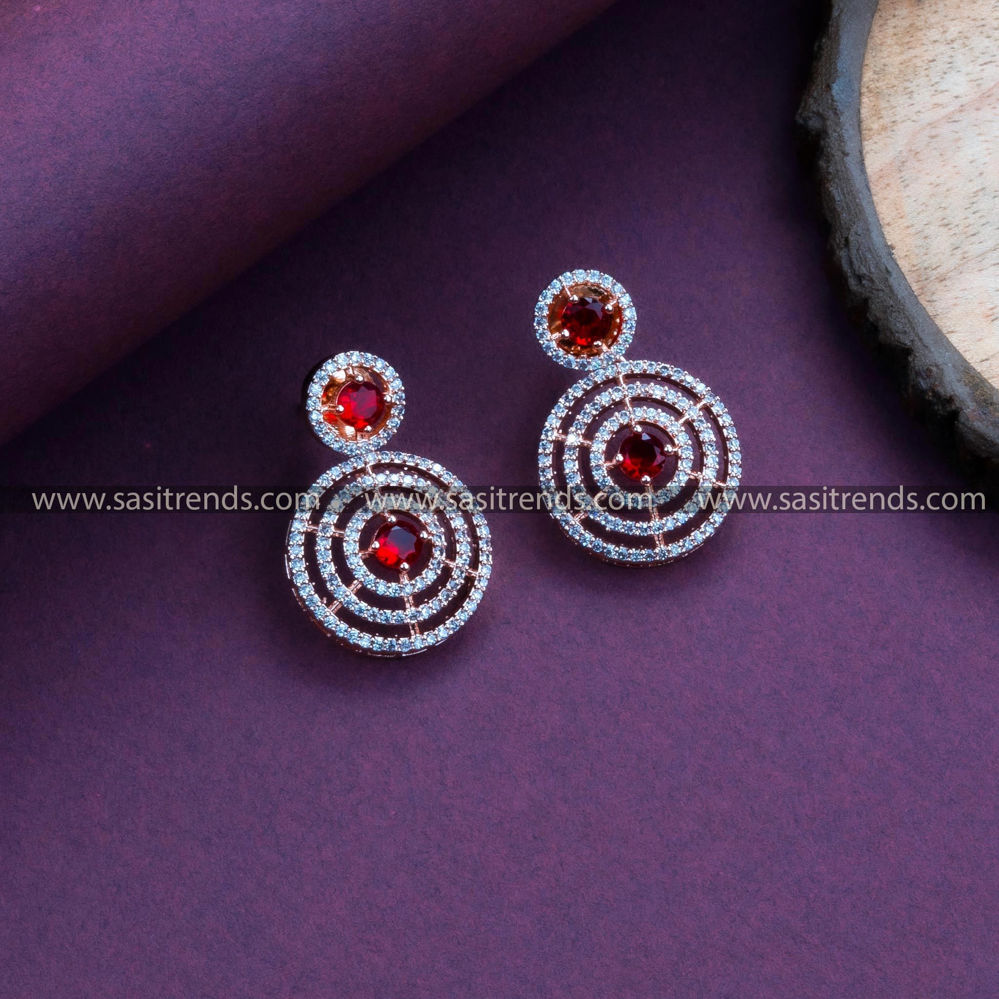 Bold Red Stone Rose Gold Plated Earrings with Circle Pattern and American Diamonds – Stand Out at Parties