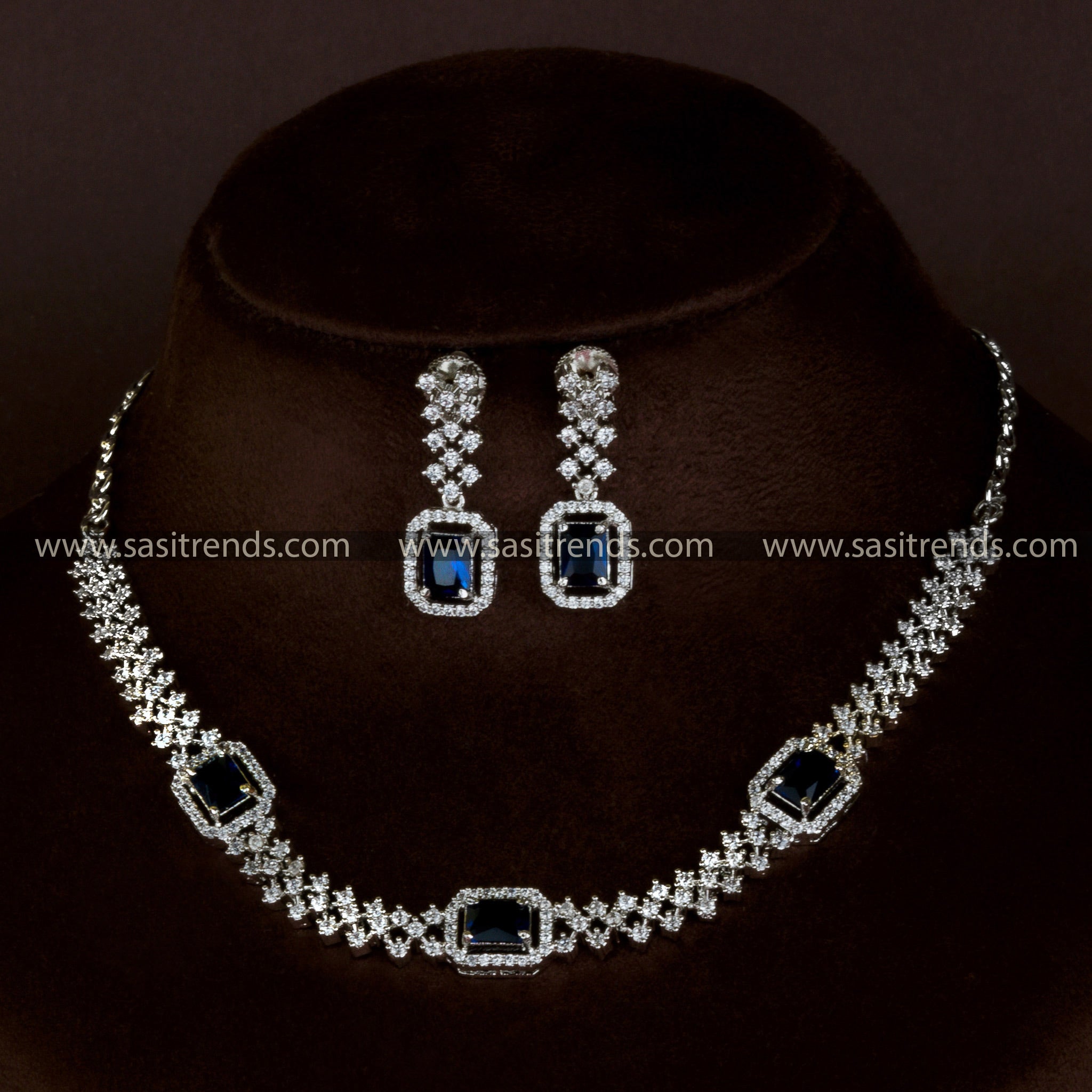 Rhodium Necklace in Blue Stones - Trendy Party Wear with American Diamond Accents - Women's Jewelry Set