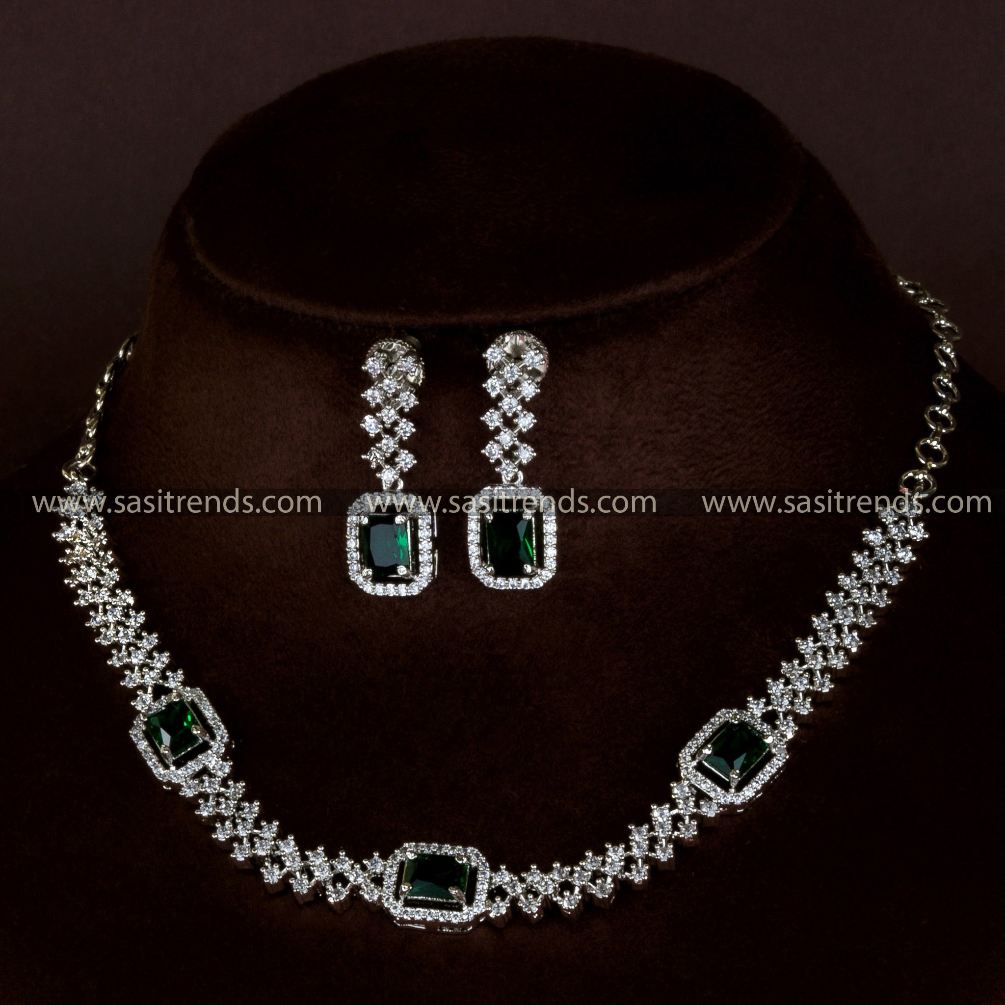 Green Radiance Rhodium Necklace - Party Wear Jewelry Set with American Diamond Accents - Online Shopping Delight