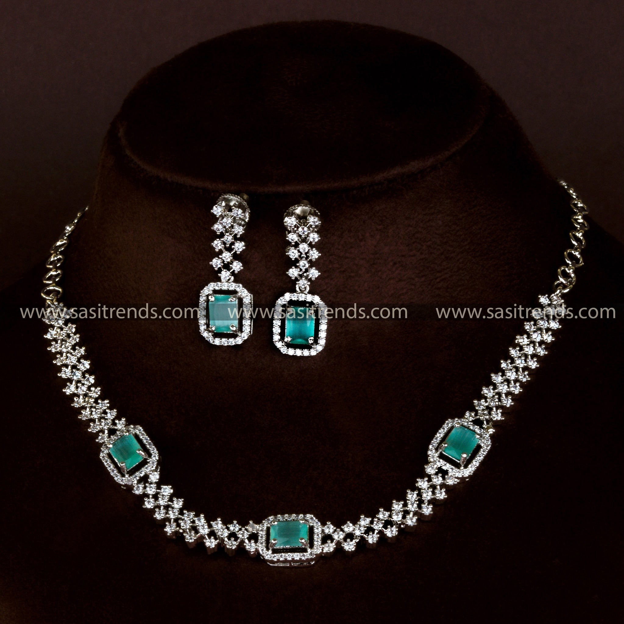 Trendy Rhodium Necklace with Mint Stones - Party Wear Jewelry Set, American Diamond Accents for Women