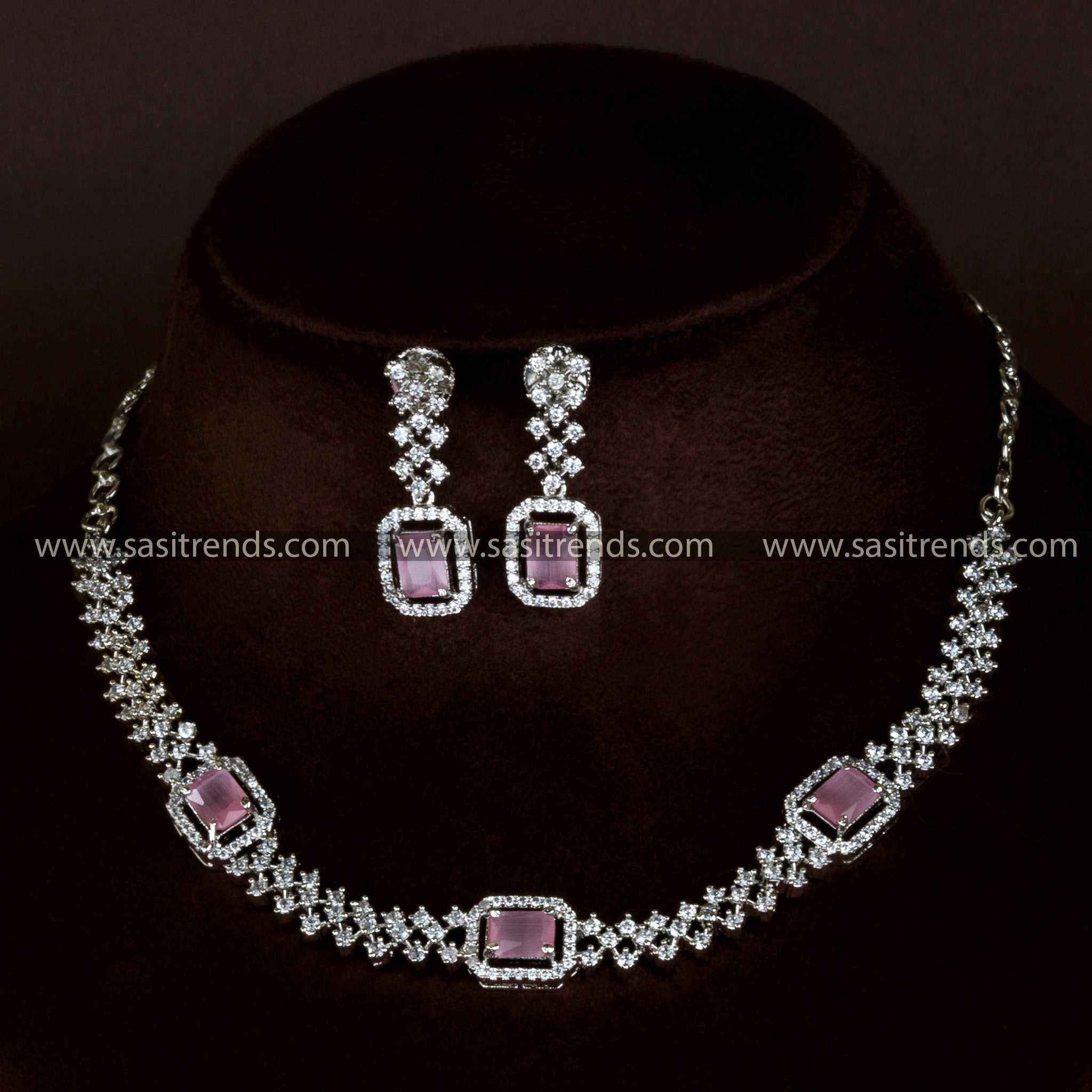 Pretty in Pink: Rhodium Necklace with American Diamond Stones - Trendy Party Wear for Women - Online Shopping