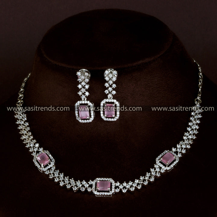 Pretty in Pink: Rhodium Necklace with American Diamond Stones - Trendy Party Wear for Women - Online Shopping