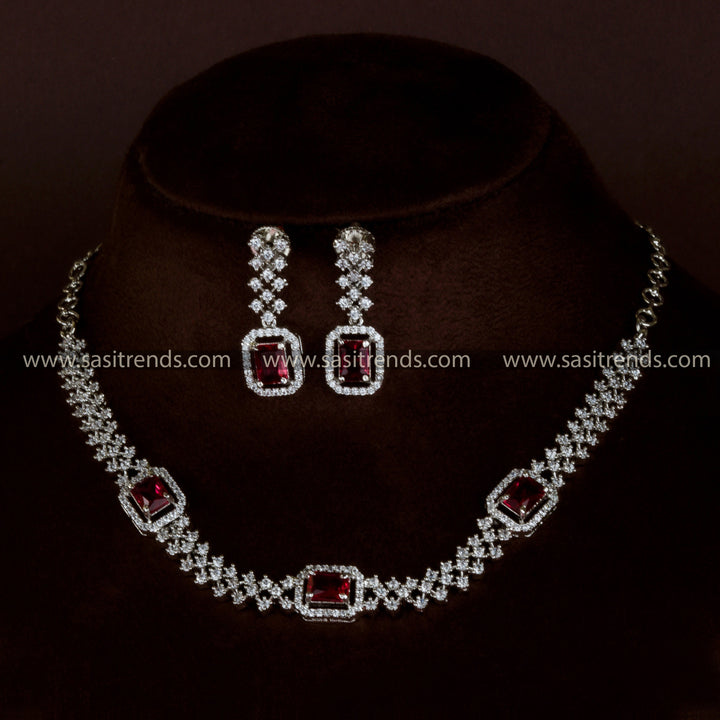 Bold Red Elegance: Rhodium Necklace with American Diamond Stones - Party Wear for Women - Shop Online in Style