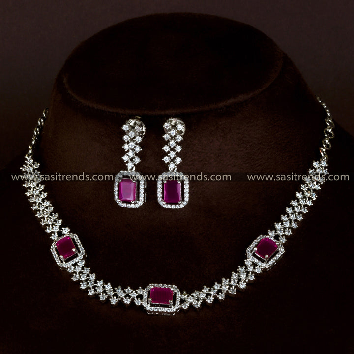 Glamorous Ruby Rhodium Necklace - Party Wear with American Diamond Stones - Women's Fashion Online