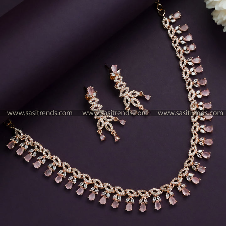 Charming Pink Stone Floral Necklace Set with Earrings - Rose Gold Plated, AD Stones for Women | Latest Party Wear Jewelry