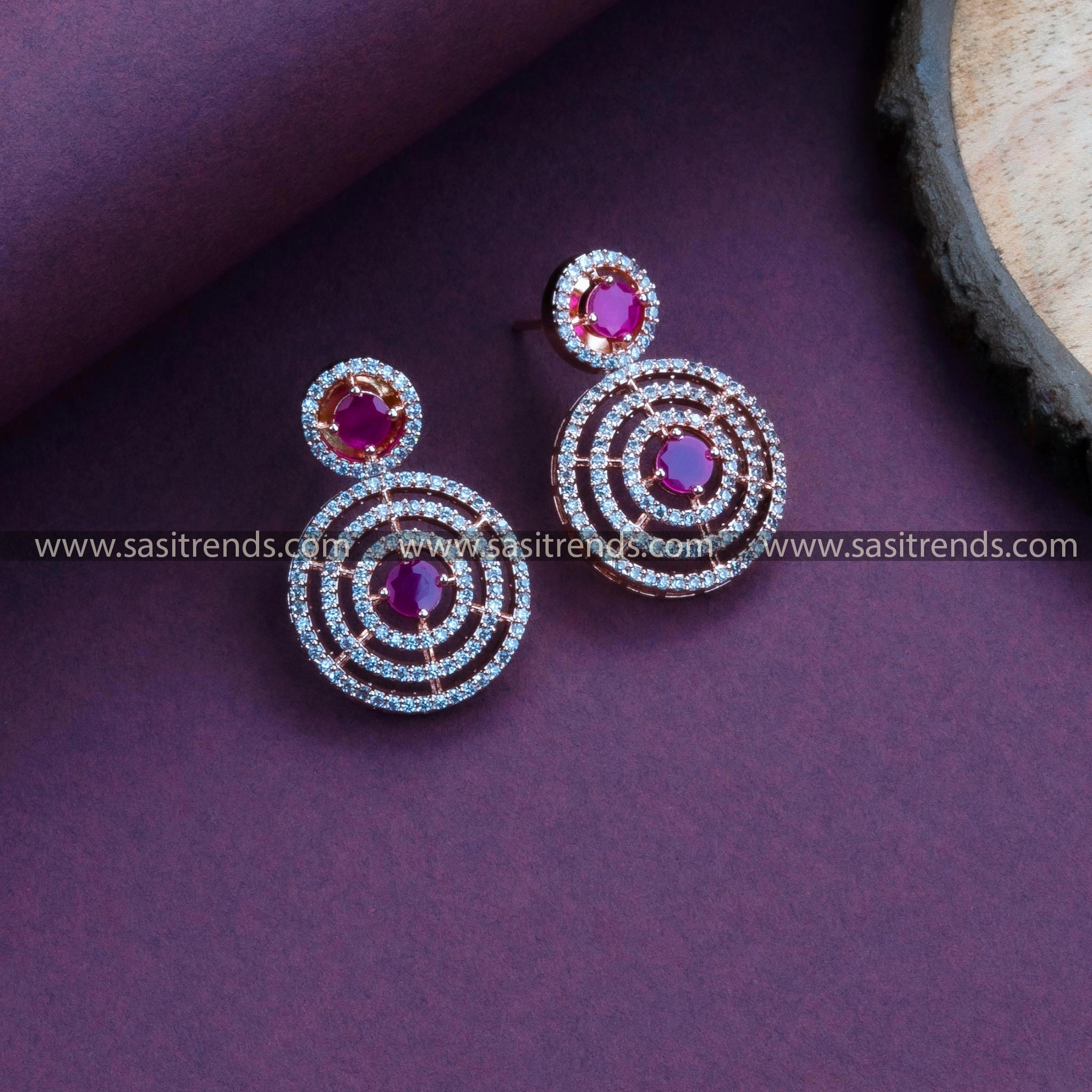 Radiant Ruby Stone Rose Gold Plated Earrings with Circle Pattern and American Diamonds – Trendy Party Wear Collection