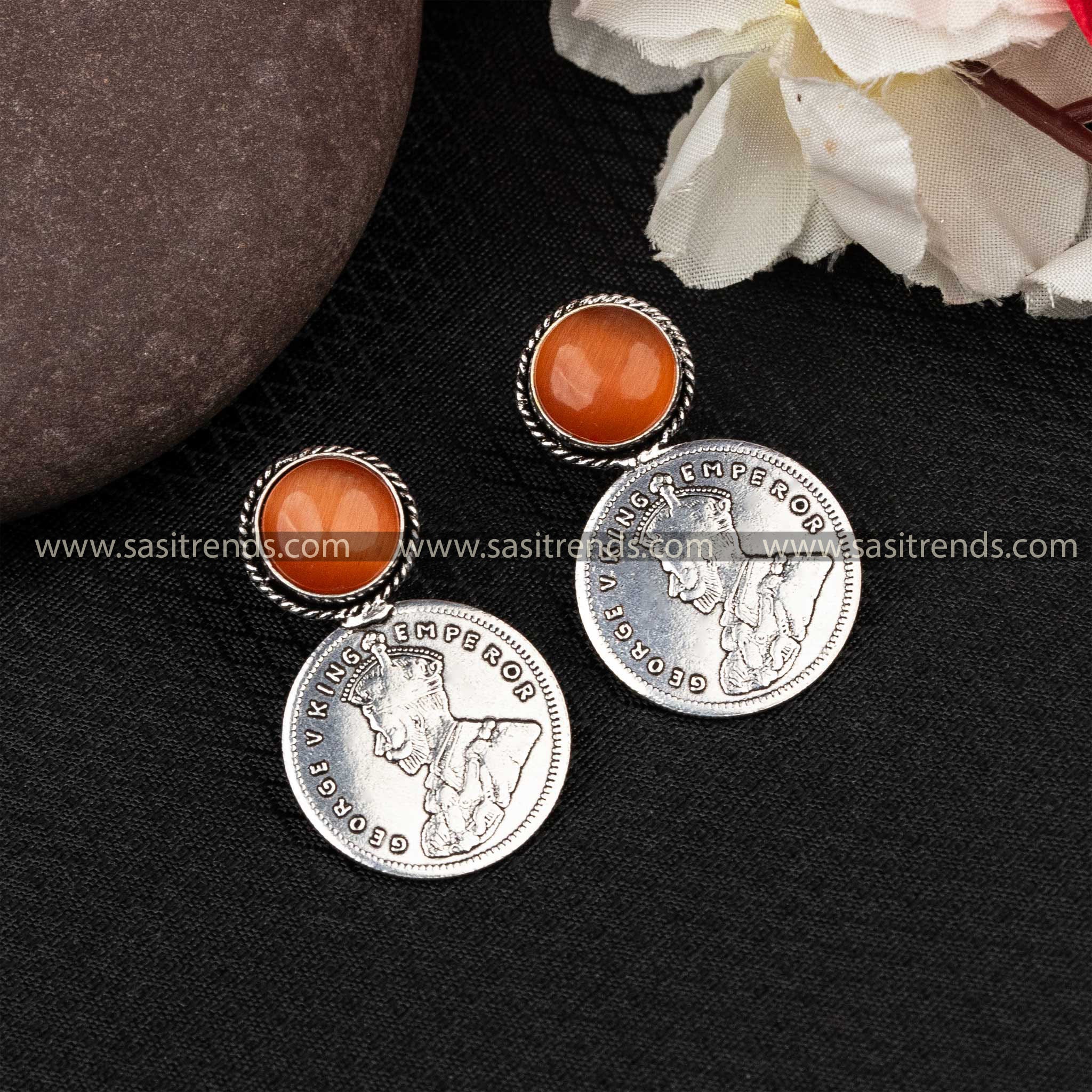 Crimson Monalisa stone in George V Emperor coin silver earrings