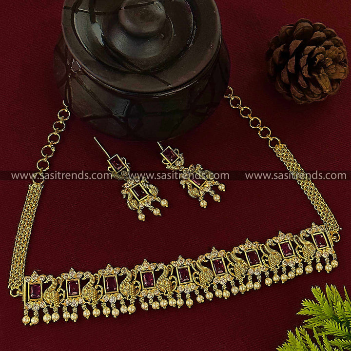  Temple Gold Plated Peacock Choker Necklace with Ruby Stones - Latest Traditional Collection for Women