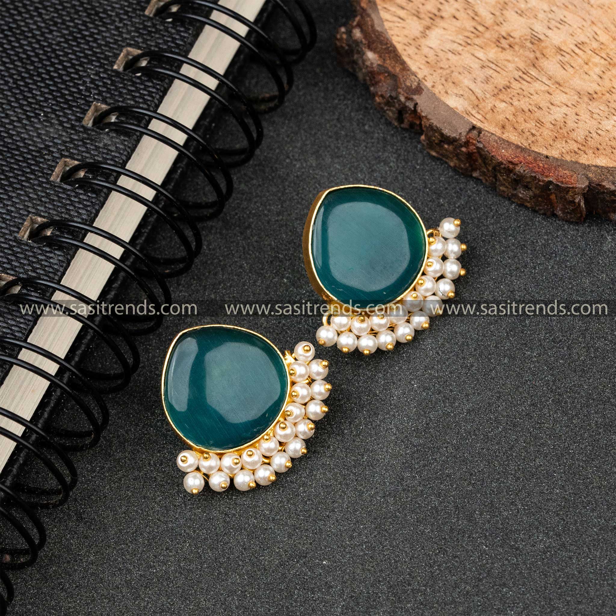 Beautiful Gold Plated Pearl Hanging Monalisa Stone Studded Earrings