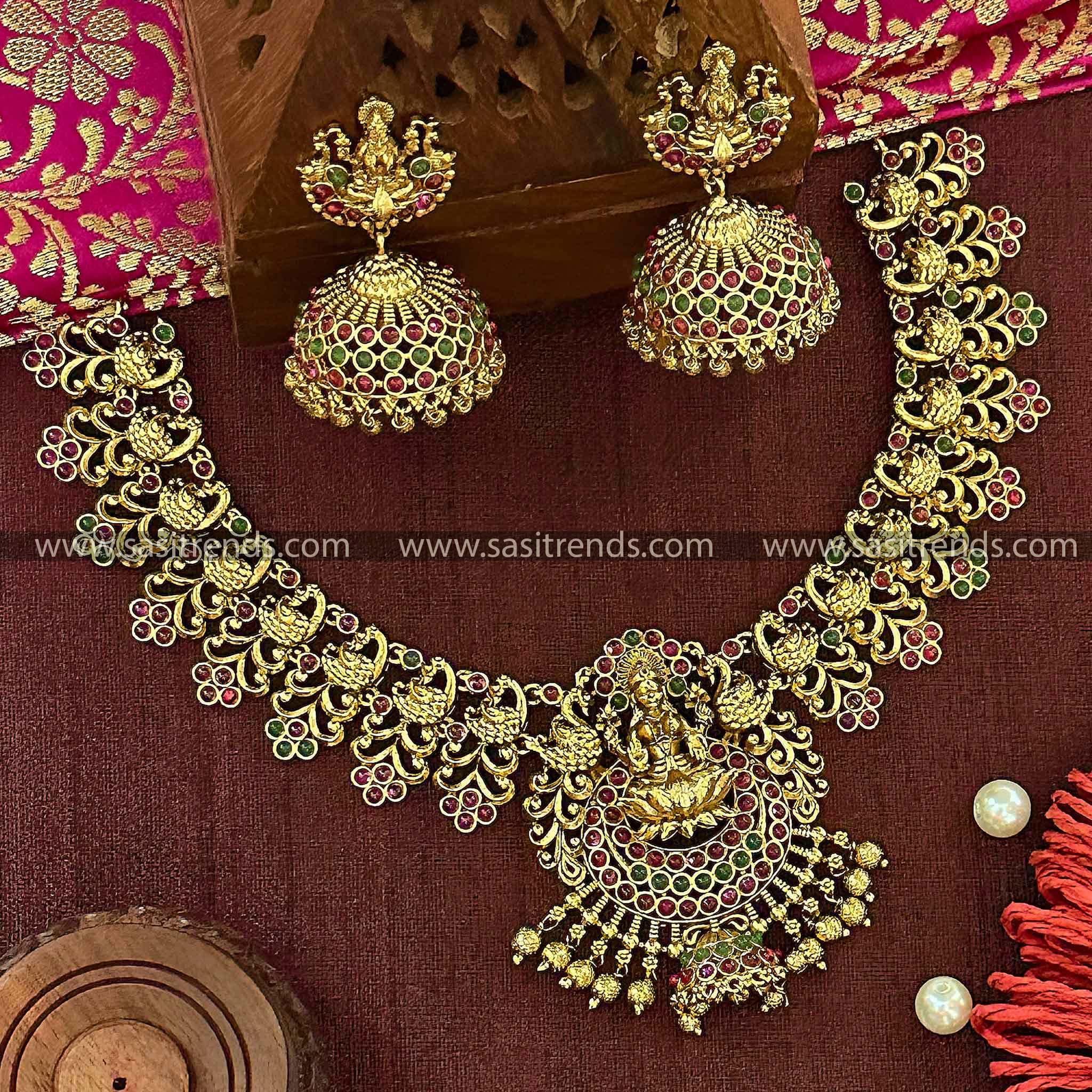 Matte Gold Plated Lakshmi & Peacock Choker Necklace Set with Jhumkas