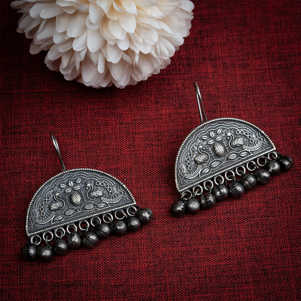 Peacock Oxidised Silver Hook Stud Earrings - Trendy Jewelry