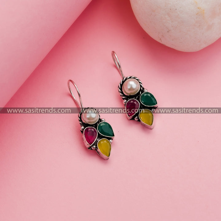 Stunning Office Wear Oxidized German Silver Hook Earrings in Multi-Color - Trendy Collections with Pearl and AD Stone 