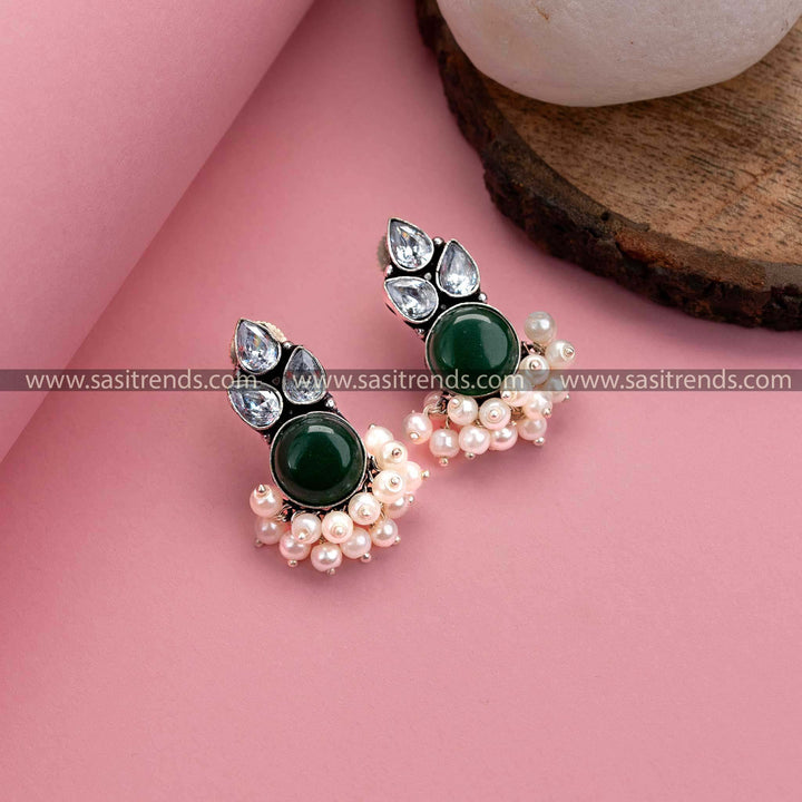 Oxidized German Silver Earrings in Dark-Green– Monalisa Stone, AD Stones, Pearl Drops for Women