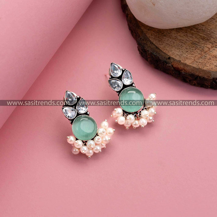 Traditional Oxidized German Silver Earrings with Mint Stones – Monalisa Stone, AD Stones, and Pearl Drops for Women 