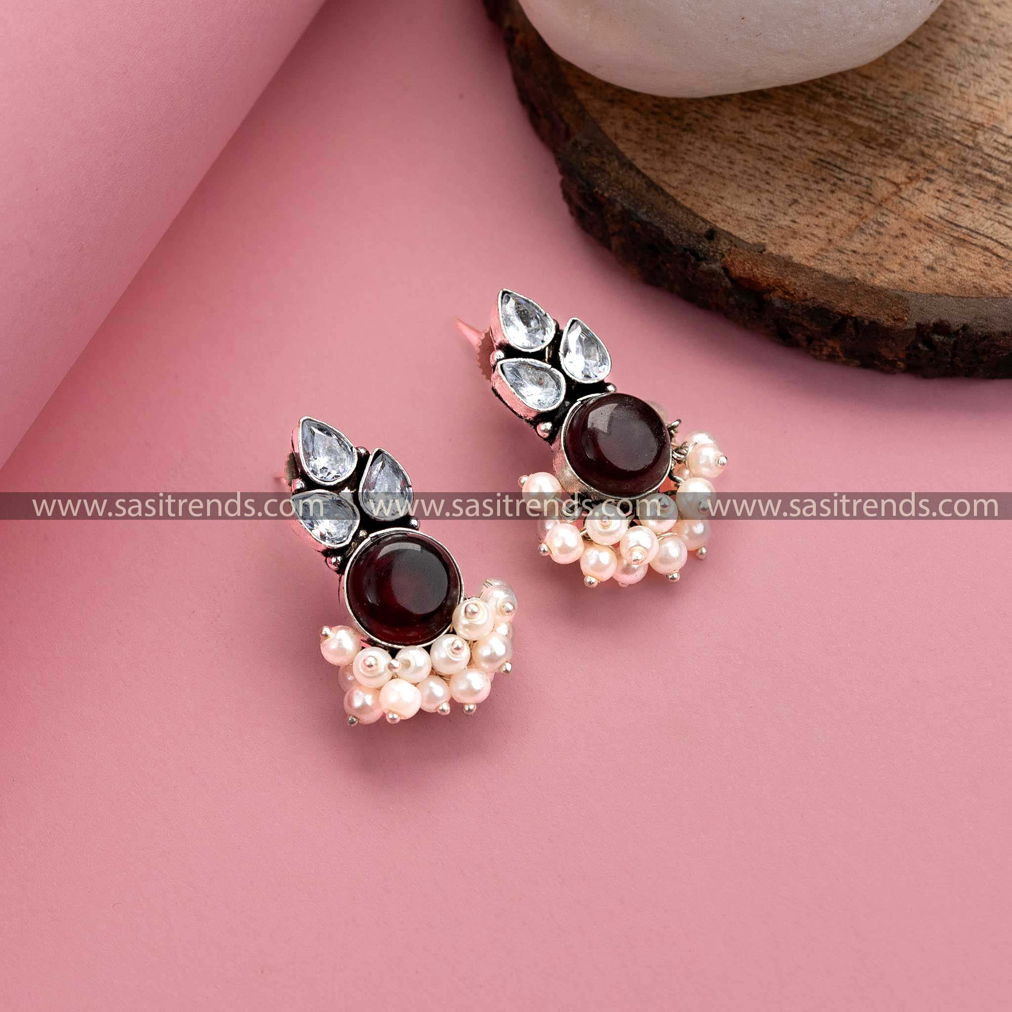 Elegant Vinous Oxidized German Silver Earrings – Monalisa Stone, AD Stones, Pearl Drops for Women 