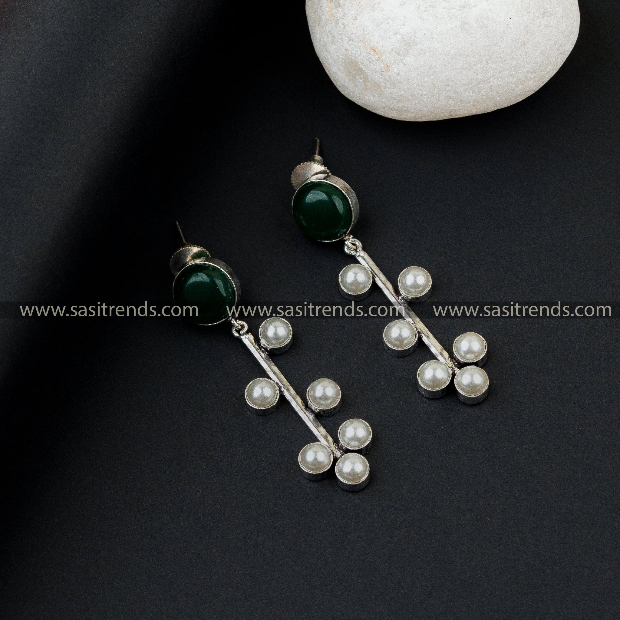 Pearl Oxidized German Silver Circular Monalisa Stone Earrings