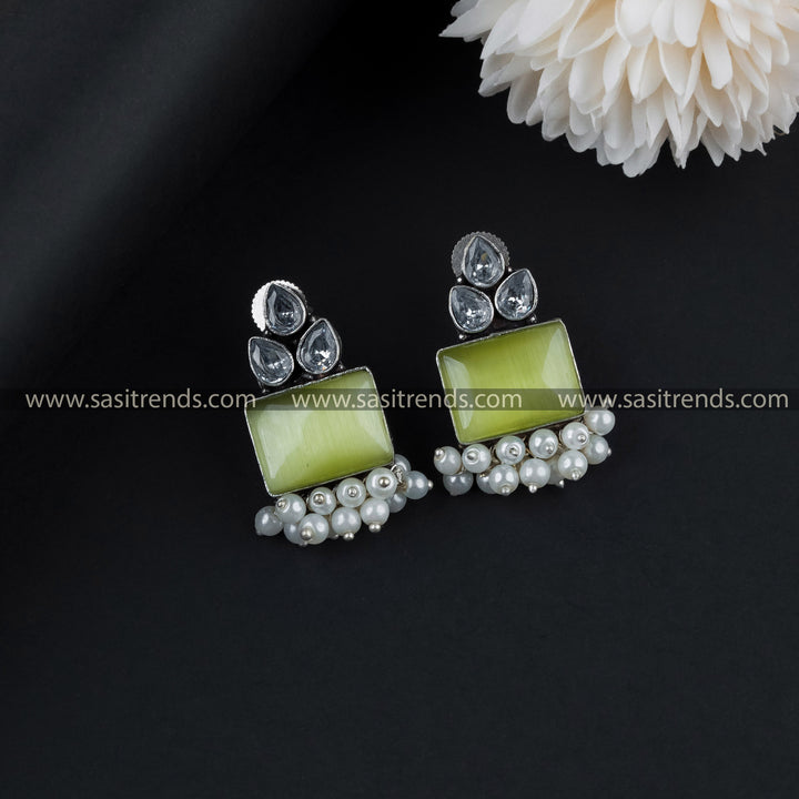 Stylish Oxidised German Silver Monalisa Stone With Pearls Earrings